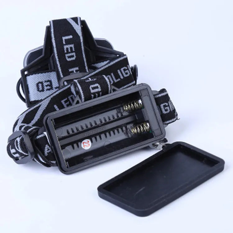 Outdoor head-mounted LED torch showing long-range beam, worn on head with adjustable strap.