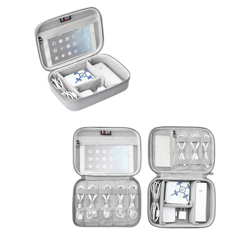 Black and grey EVA digital storage bag organiser for headphones and cables.
