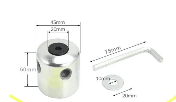 Silver aluminium lawn mower grass trimmer head with four light yellow nylon cutting lines and wrench