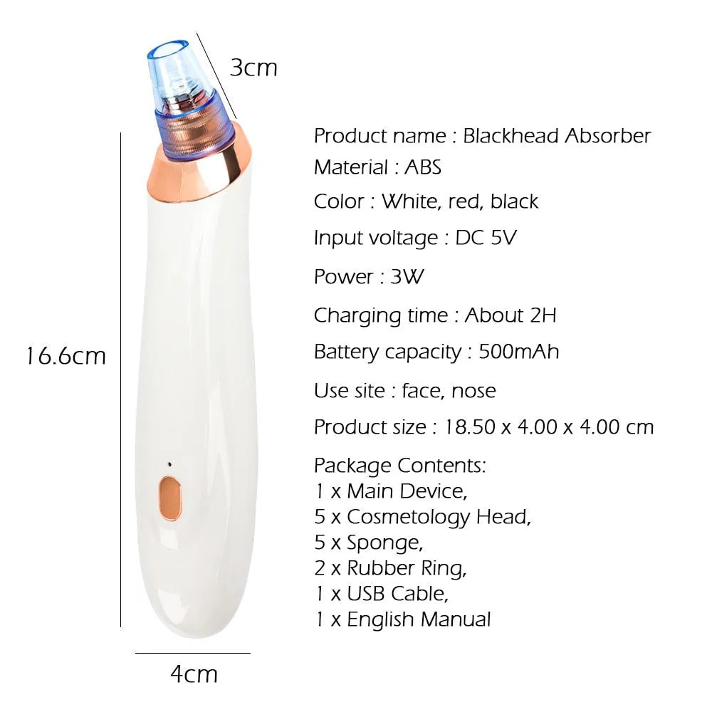 Black, gold, red or white electric blackhead extractor with vacuum suction nozzles