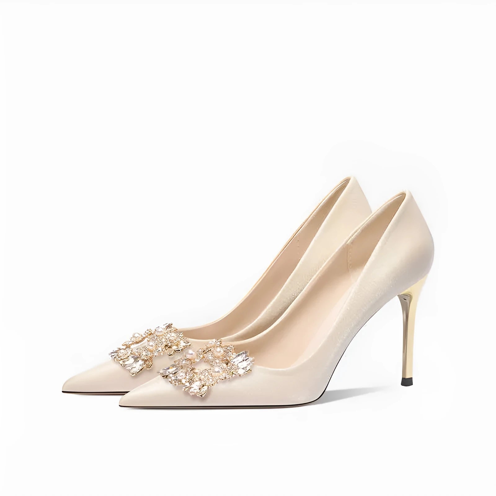 Pointed-toe crystal bridal high heels with rhinestones on a cloth upper, showing stiletto and cat heel options.
