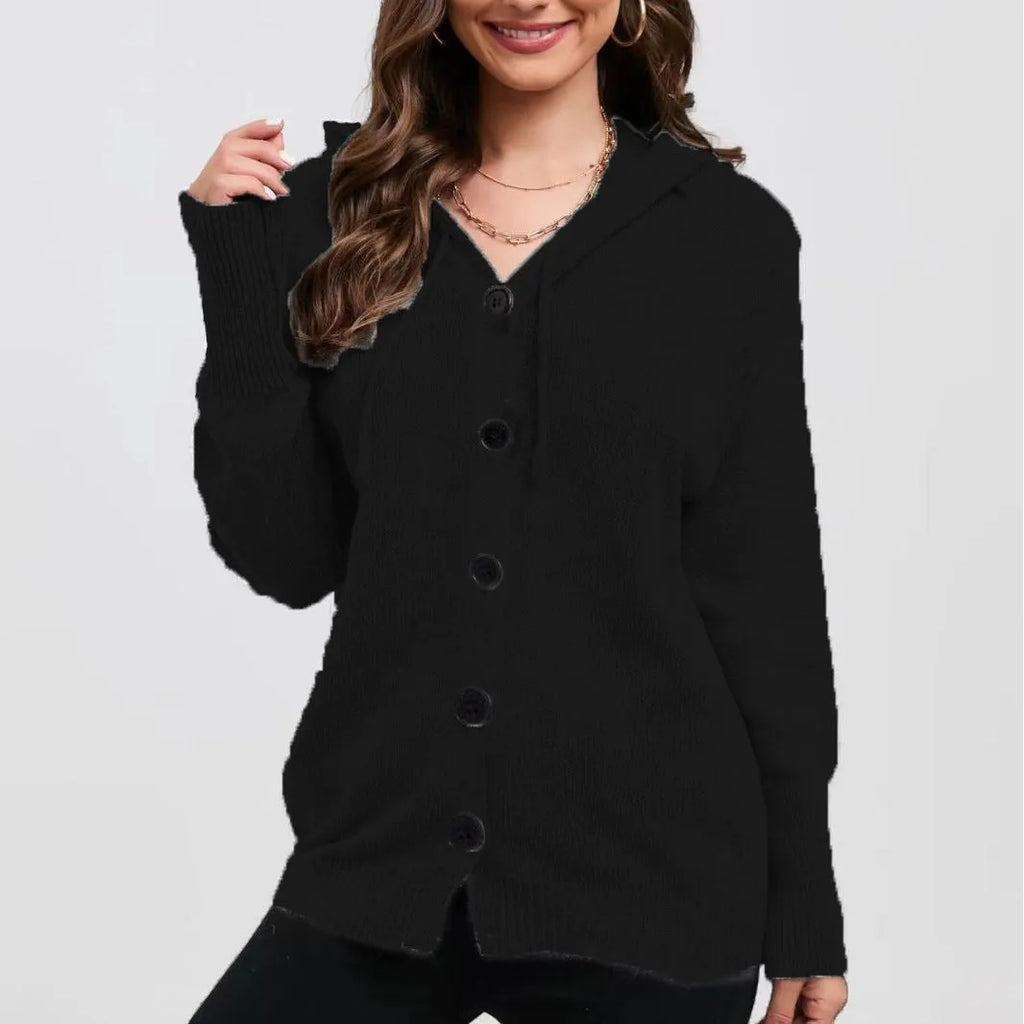 Women's thick cotton hooded cardigan sweater in loose fit with solid colour