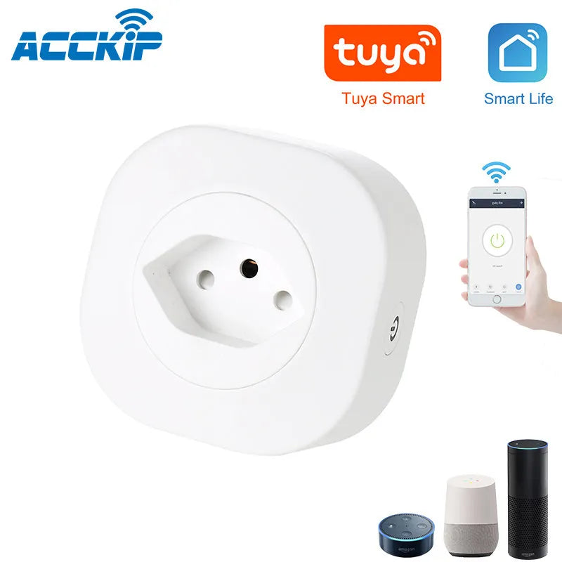 White Wi-Fi smart socket plug with EU-style pins showing status light, dimensions 70x70x72mm.