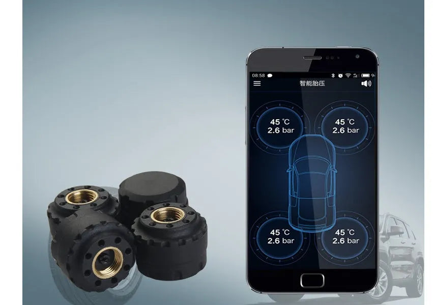 Bluetooth wireless tyre pressure monitoring system with external sensor and smartphone app display showing pressure and temperature