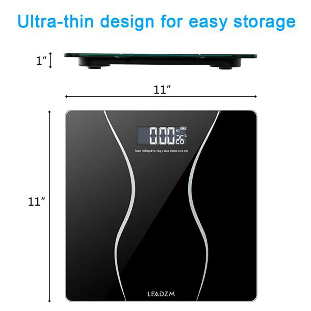 Black electronic bathroom scales with digital display showing weight measurement up to 180 kg capacity