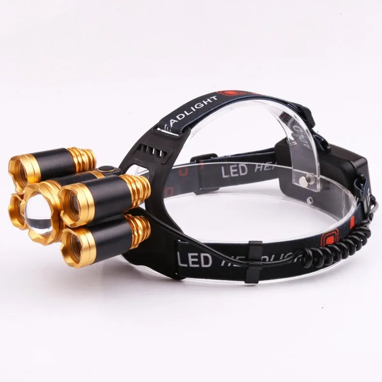 Gold or silver aluminium alloy LED head torch with adjustable focus and optional sensor switch on headband.