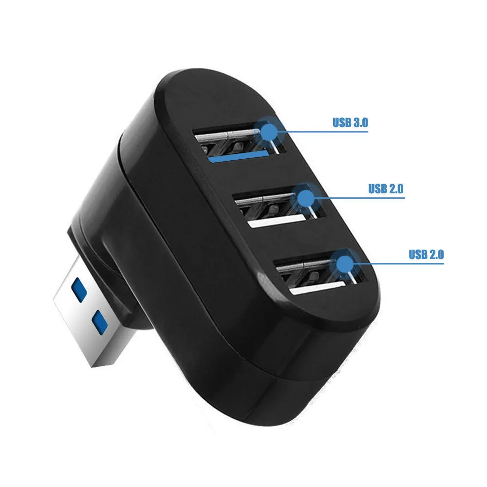 Black and white USB rotary splitter hub with four ports on a rotating body.