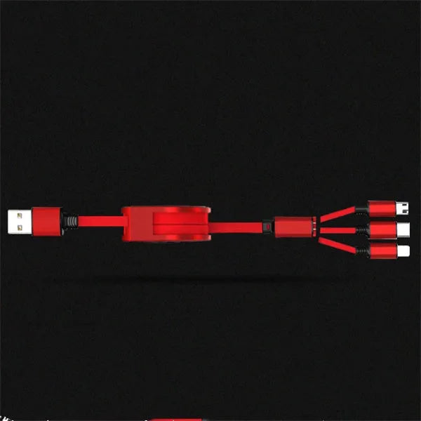 Telescopic 3-in-1 charging cable extended to 120 cm length with TPE body and titanium alloy connectors