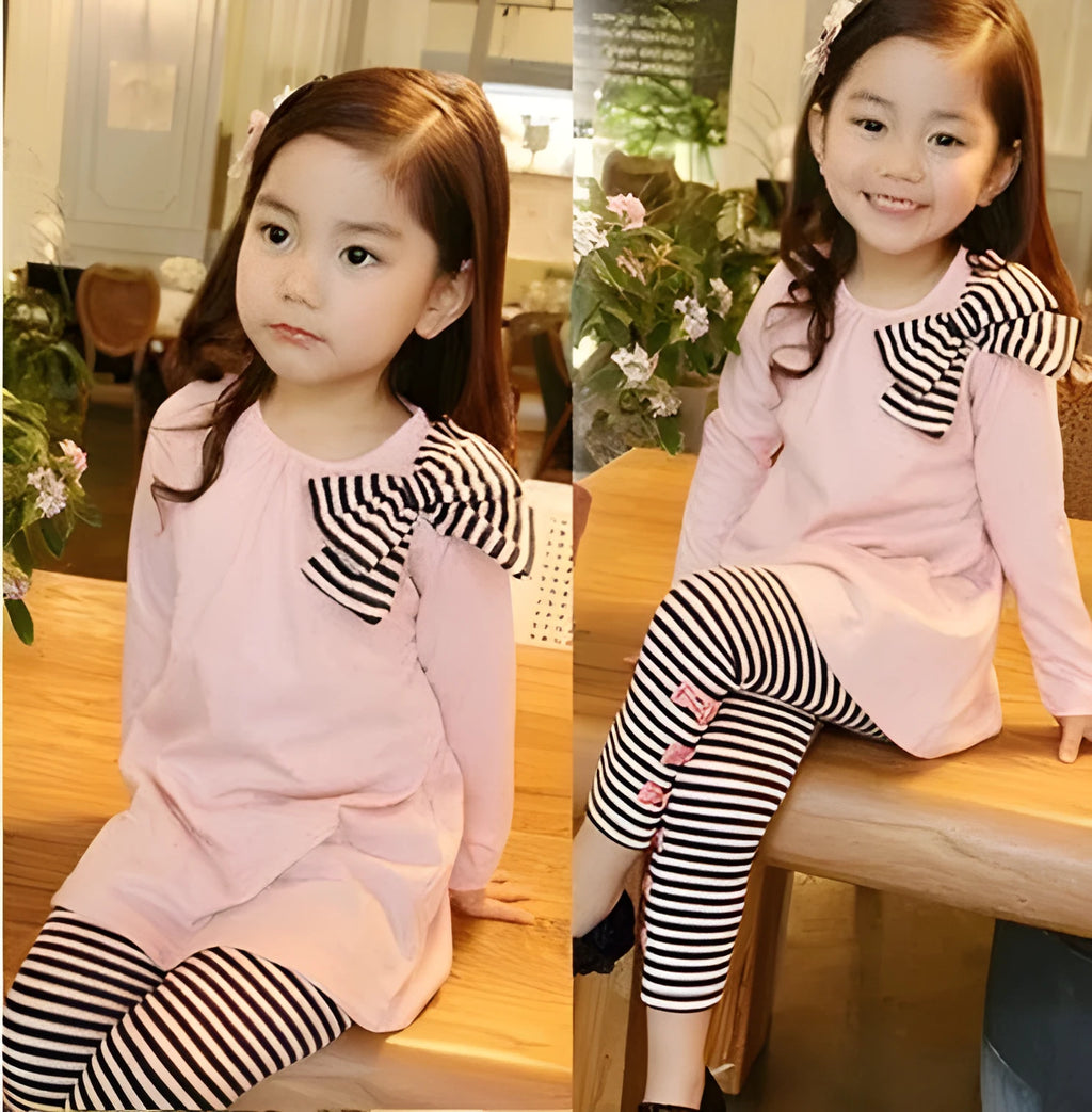 Pink 100% cotton girls clothing set available in sizes 110cm, 120cm, 130cm, and 140cm.