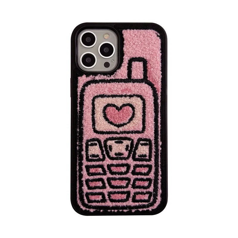 Pink iPhone back cover with a raised embroidered towel pattern design.