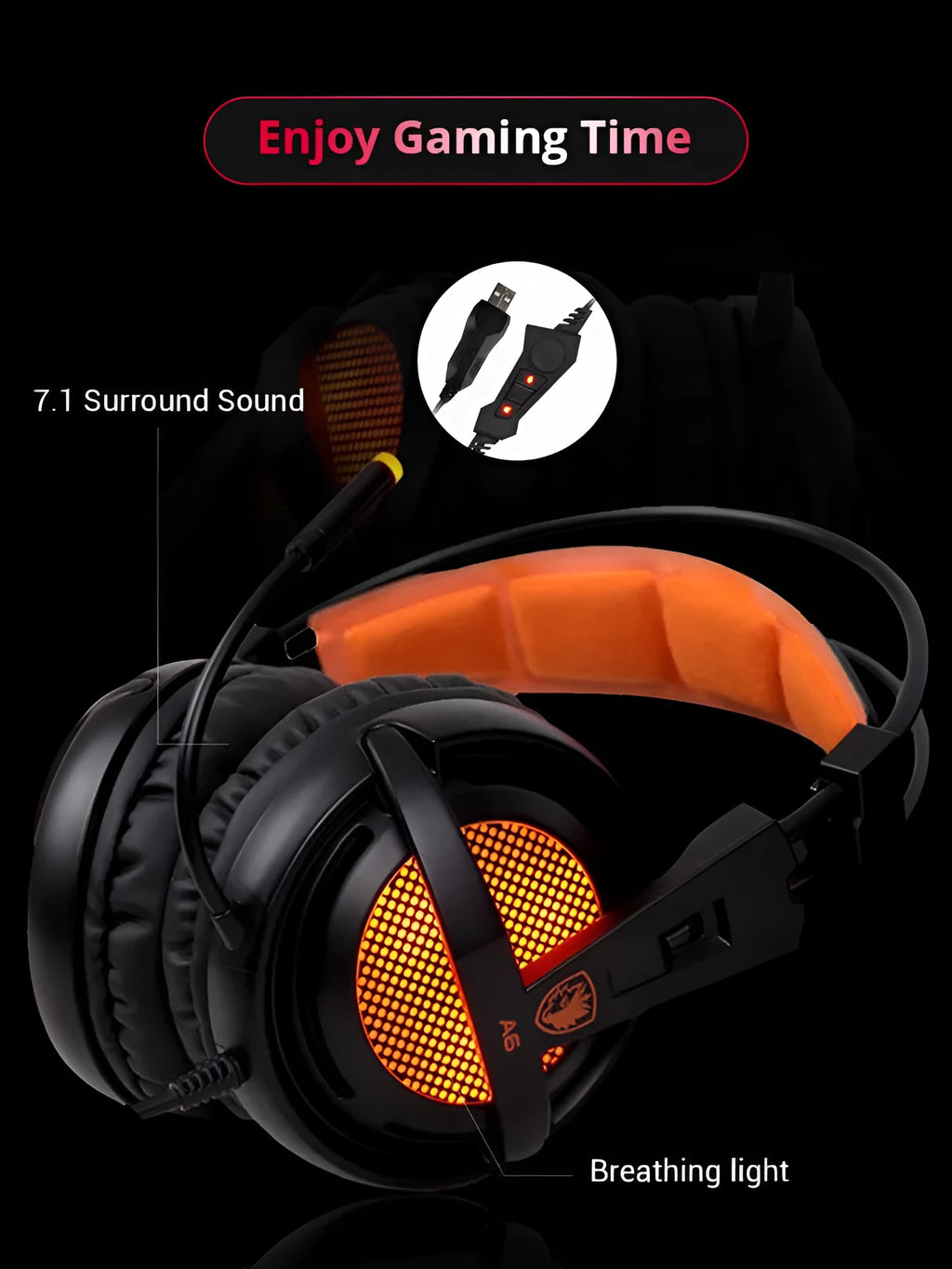Black and white USB gaming headset with LED lights, over-ear cushions, and a padded headband.