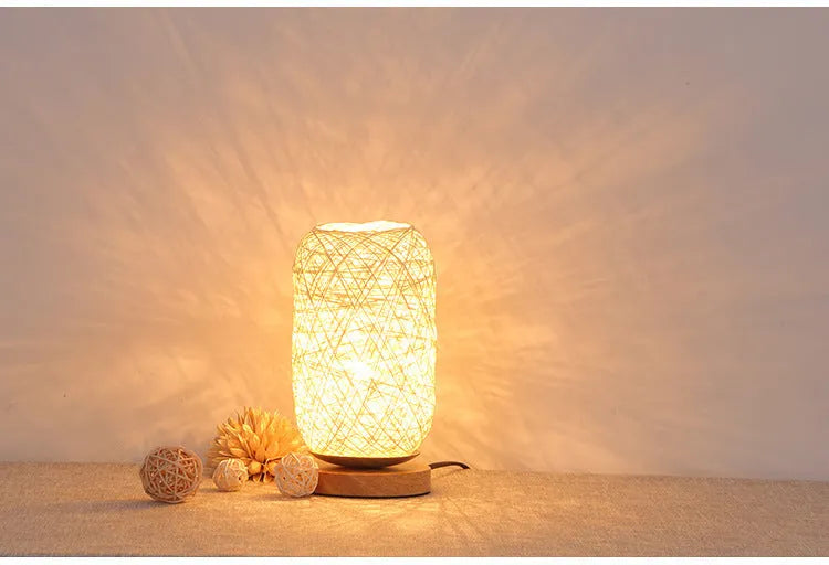 Twine Sepak Takraw desk lamp with woven hemp rope shade on solid wood base