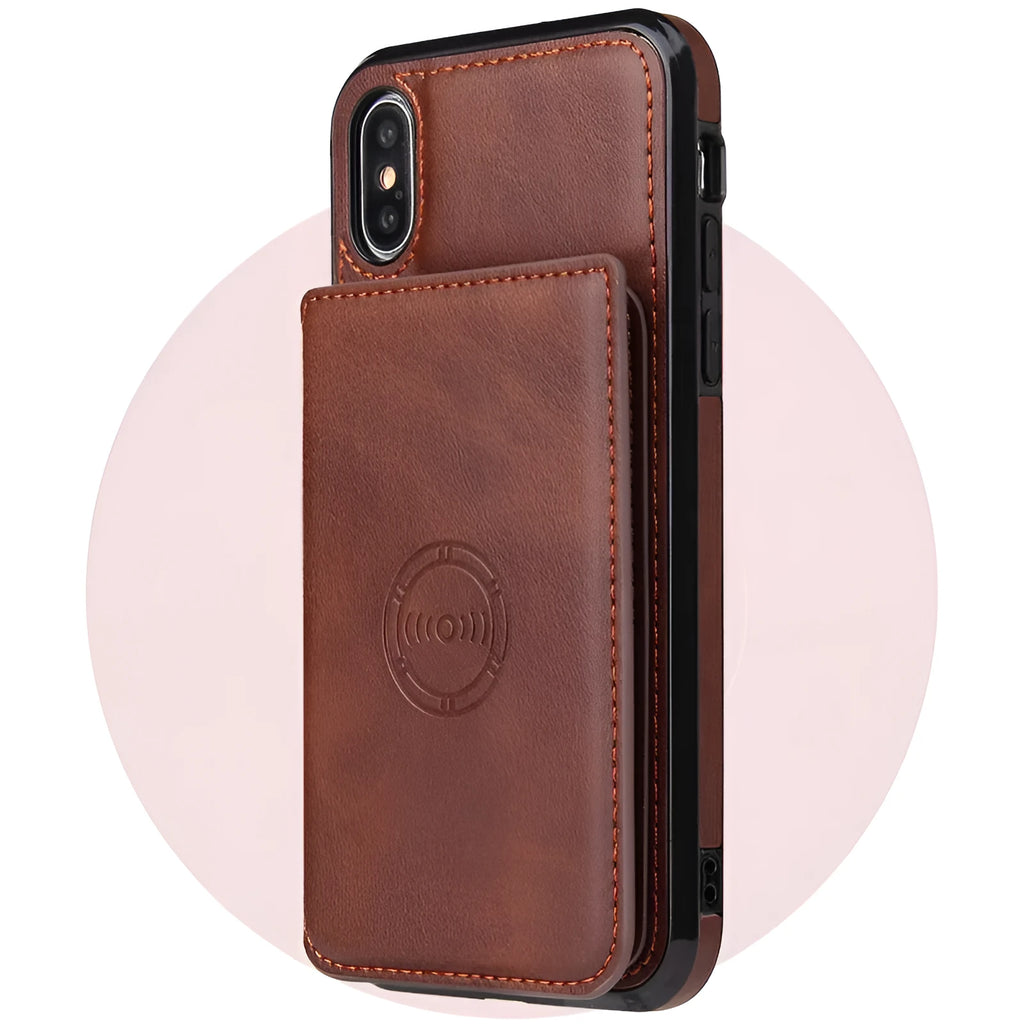 Imitation leather iPhone card wallet case showing black colour option with card storage compartment visible