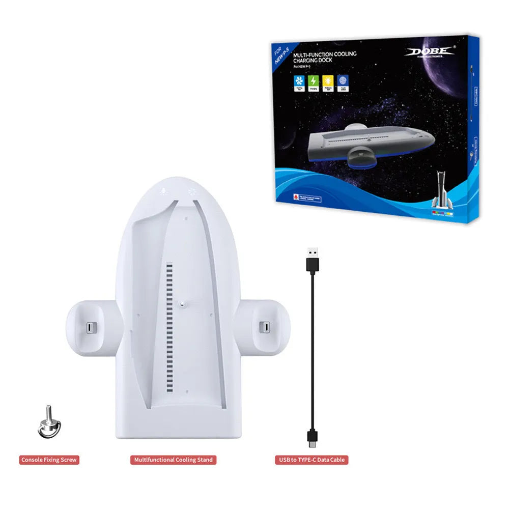 White PS5 Slim charging dock station with RGB lighting, cooling fan and fixed charger belt