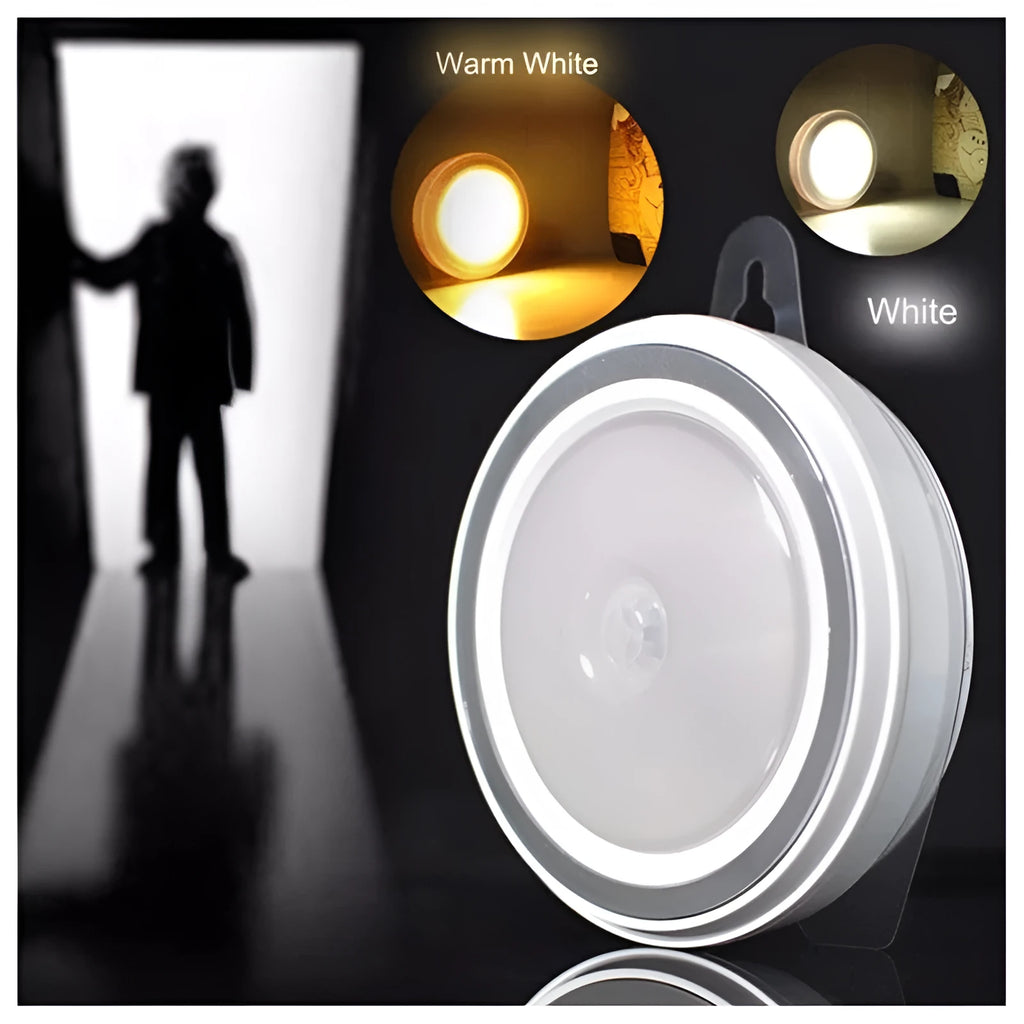 Circular white motion sensor LED light unit with a diameter of 80mm.