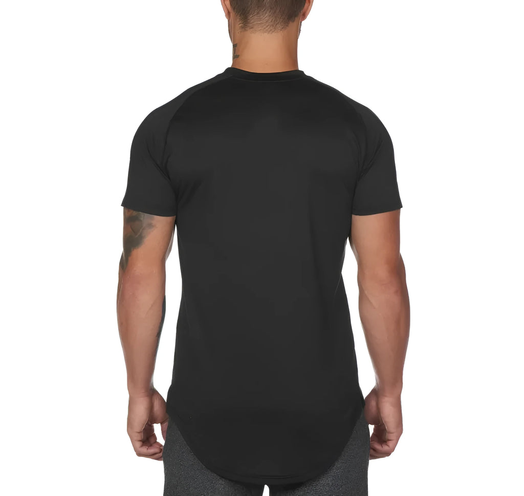 Plain men's gym shirt in a cotton and spandex blend shown in multiple colour options.