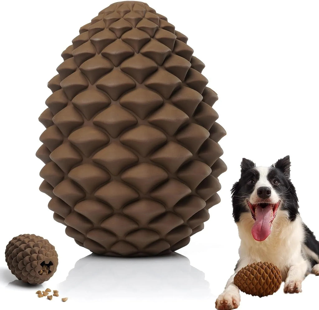 Natural rubber pine cone shaped dog toy with treat dispenser for medium and large aggressive chewers