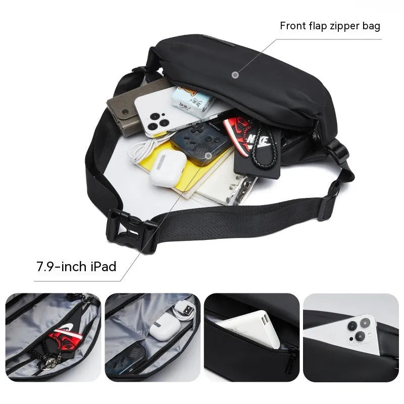 Black men's messenger bag with Oxford cloth exterior and one-shoulder riding design
