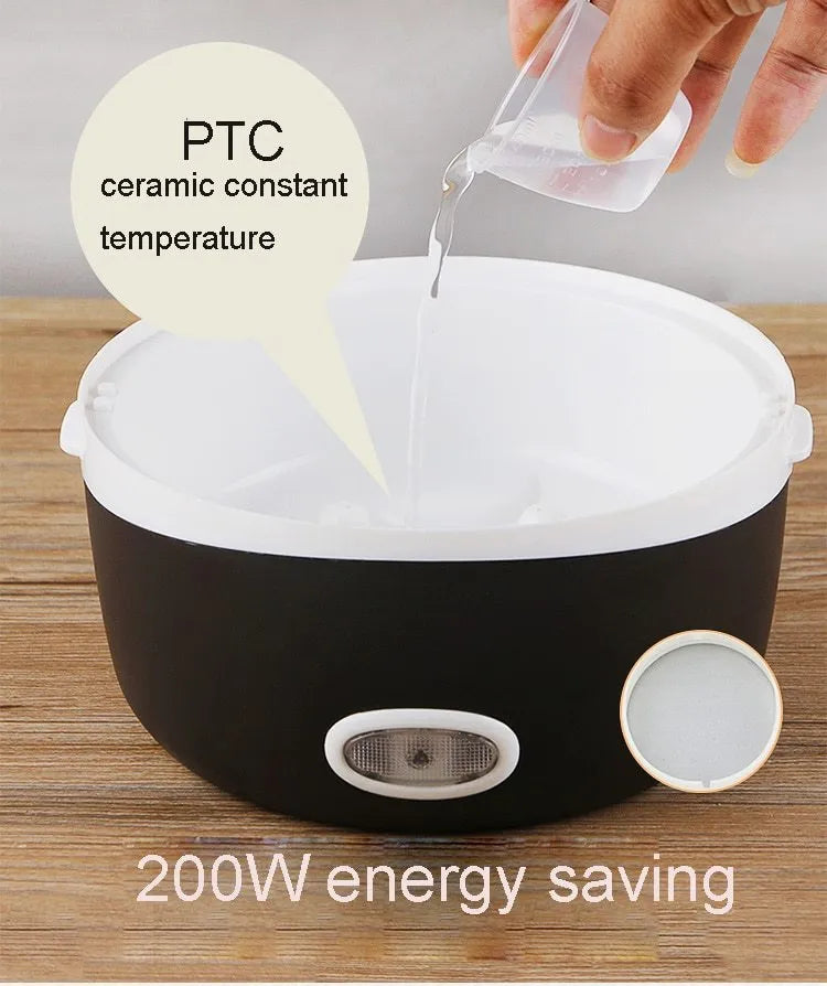 Multi-function USB-powered lunch box with heating element showing two-tier and three-tier capacity options