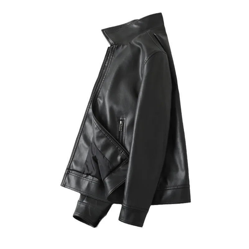 Men's black PU leather casual jacket with zipper pockets and loose fit design