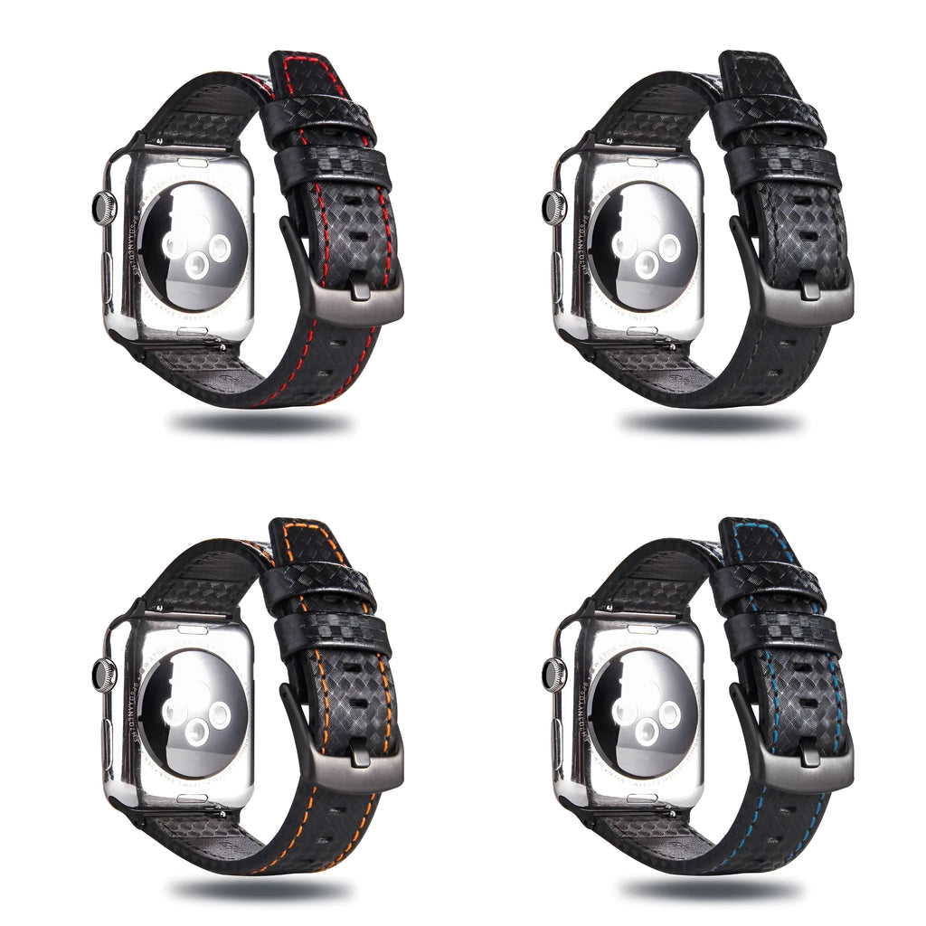 Carbon fibre pattern and leather iPhone watch strap in four colour options with two size ranges