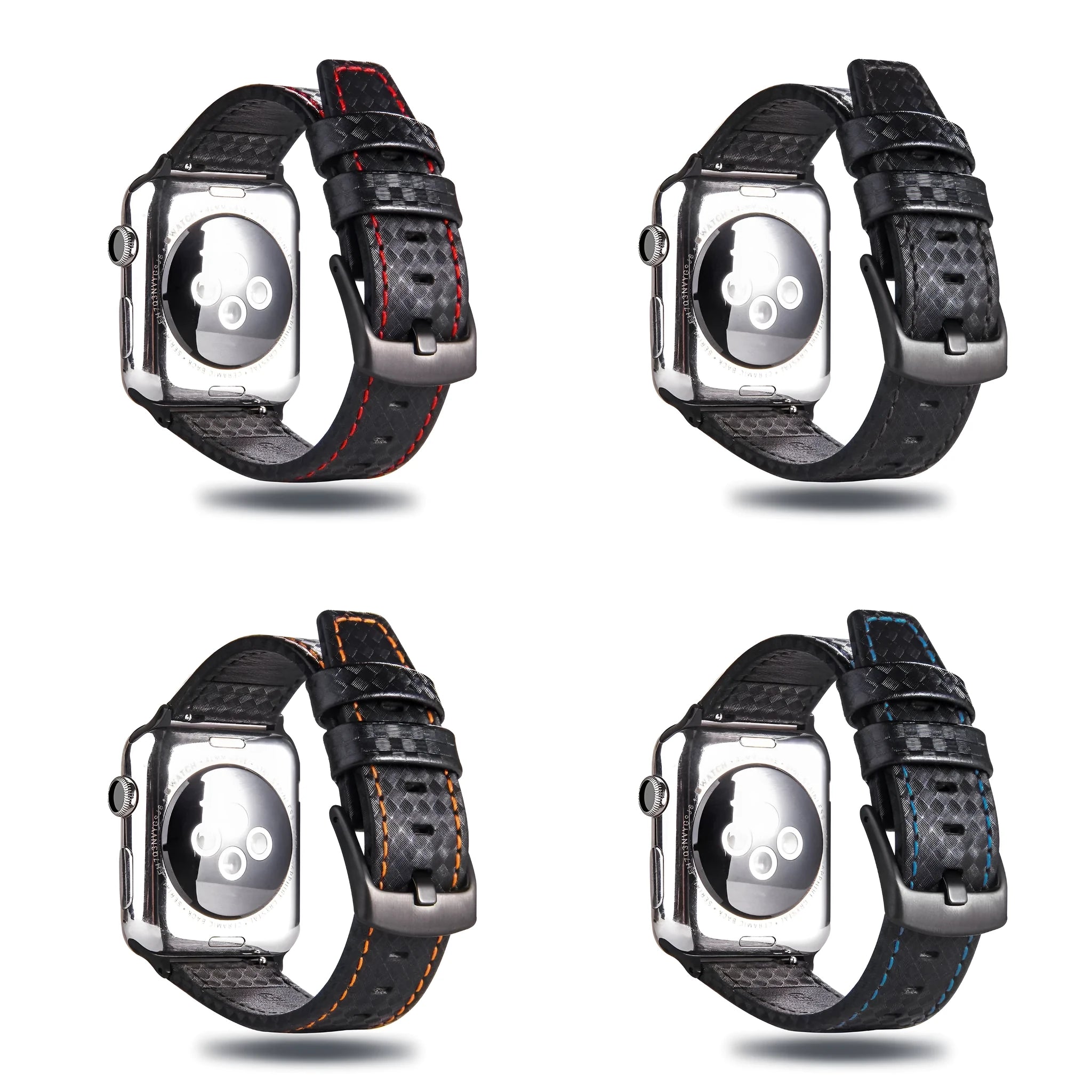 Carbon fibre pattern and leather iPhone watch strap in four colour options with two size ranges