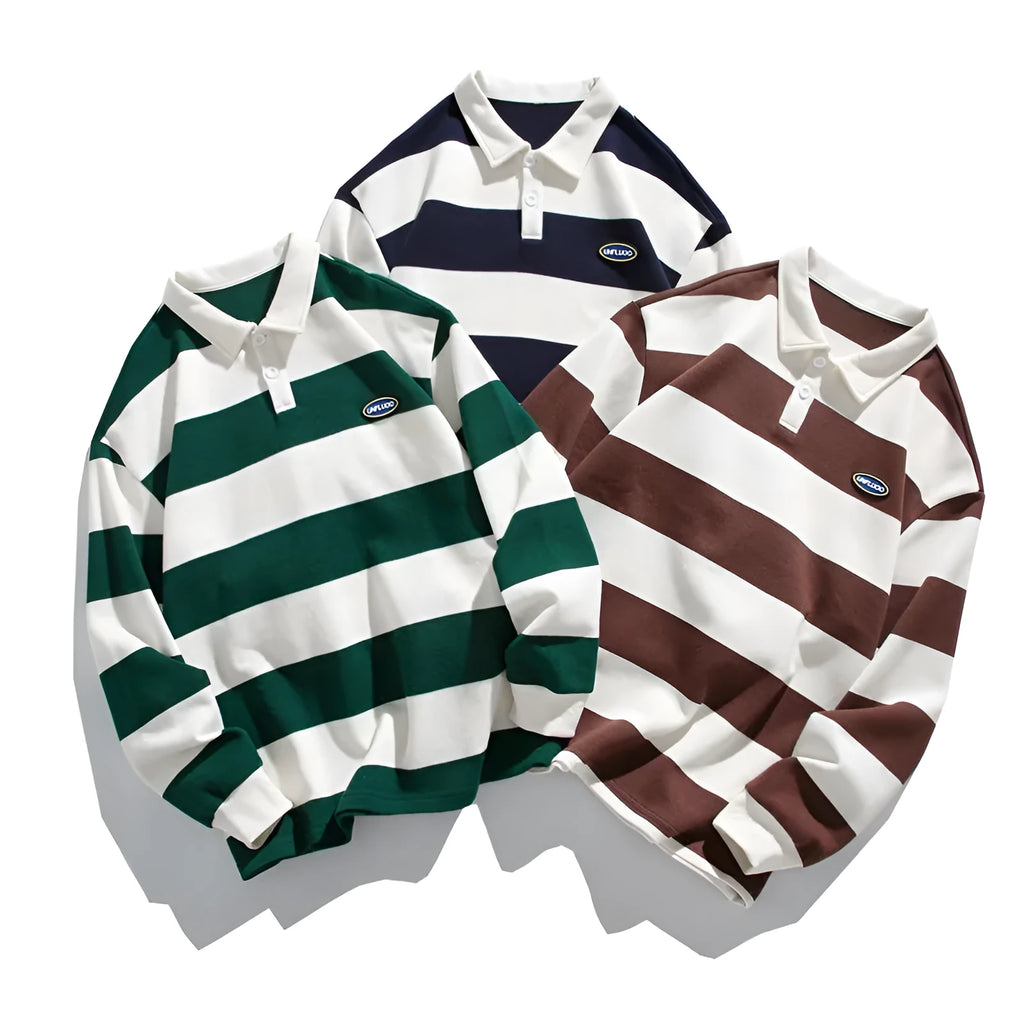 Man's striped polo shirt with lapel collar in loose fit, shown in sapphire blue colour.