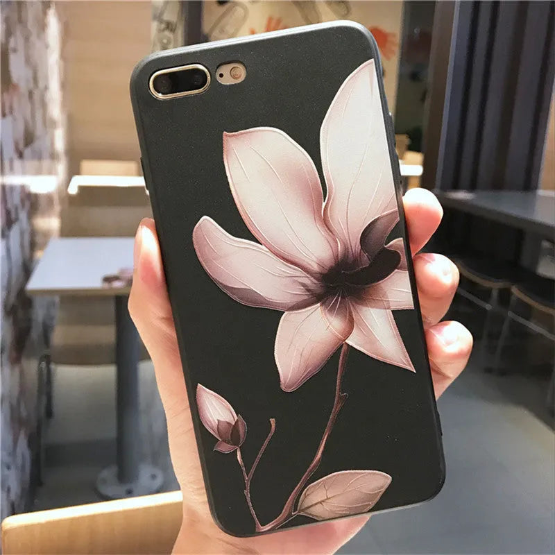 Embossed floral pattern TPU phone case for iPhone in black and white colour options