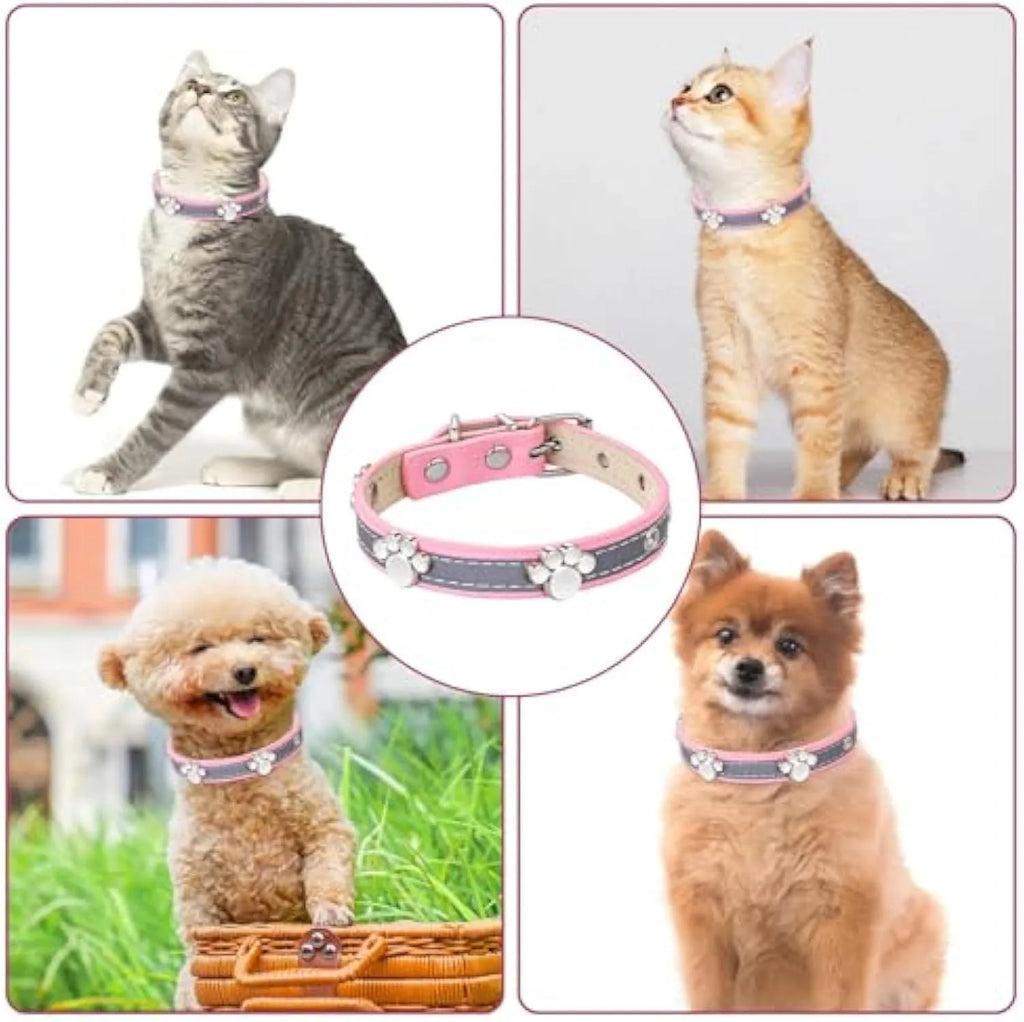 Reflective PU leather dog collar with metal buckle and decorative paw rivet, shown on a size chart.