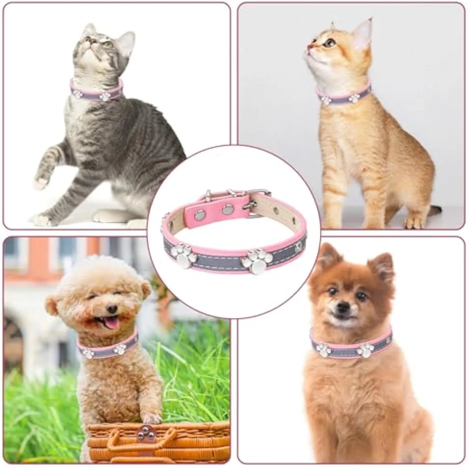 Reflective PU leather dog collar with metal buckle and decorative paw rivet, shown on a size chart.
