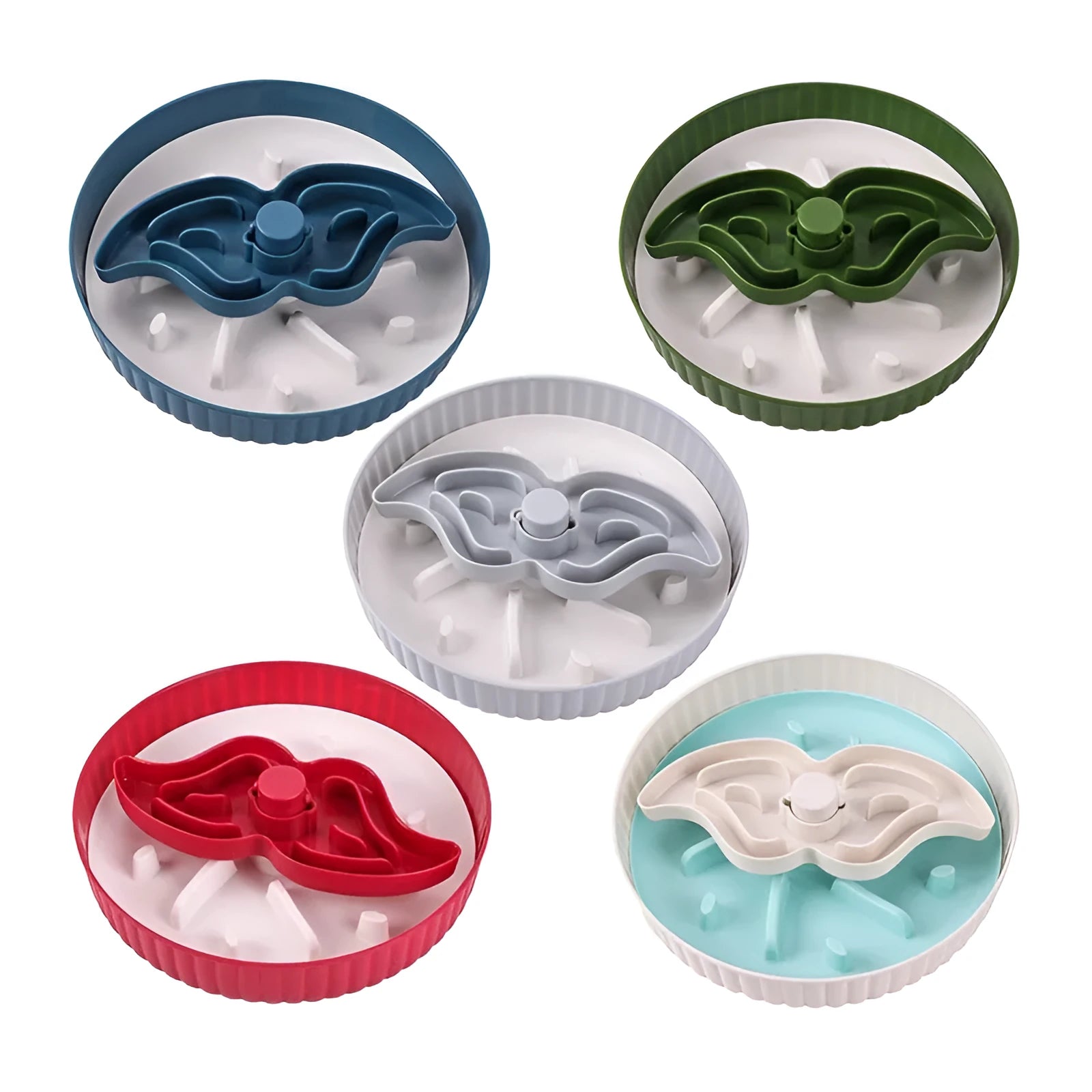 Pet slow feeder bowl with rotating game board design and silicone feeding pads in windmill pattern