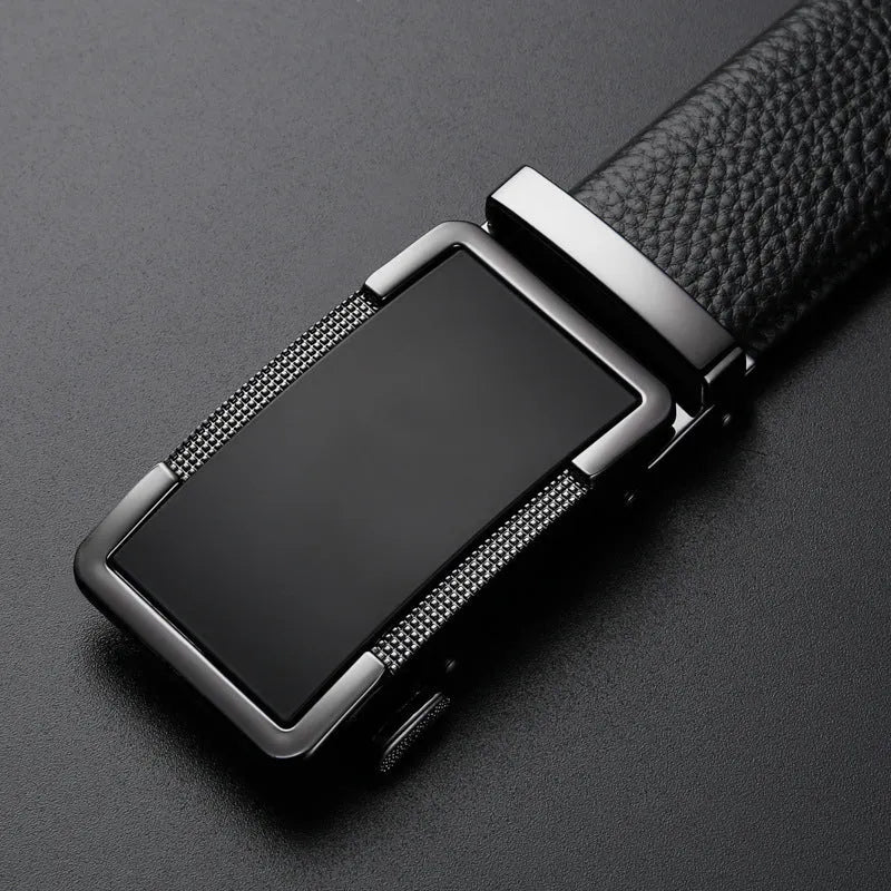 Men's leather belt with automatic comfort click buckle in gun black, silver, or gold finish