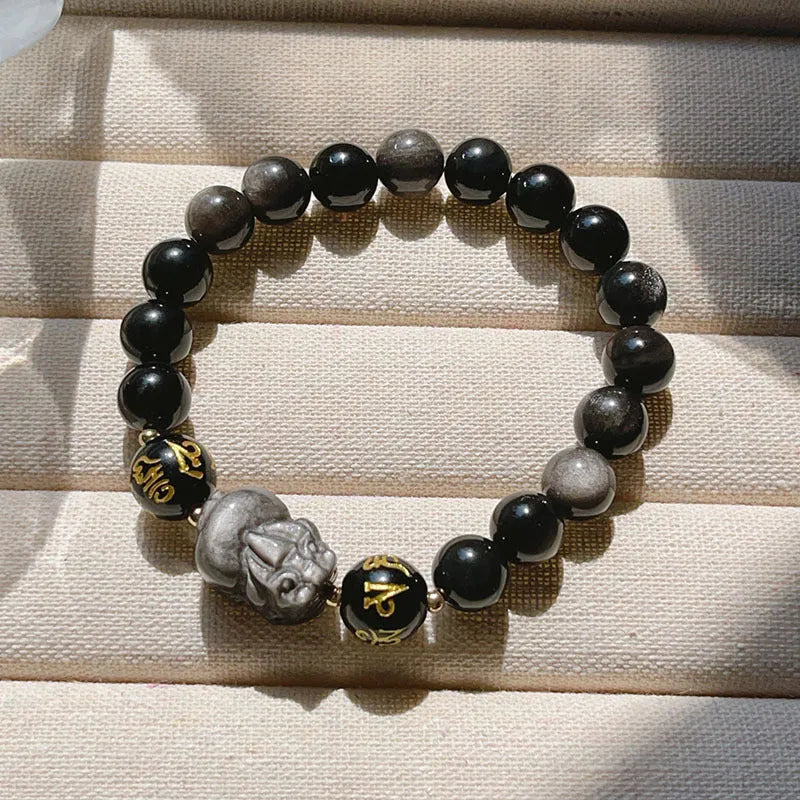 Men's silver stone bracelet with Chinese beaded design featuring zodiac symbols