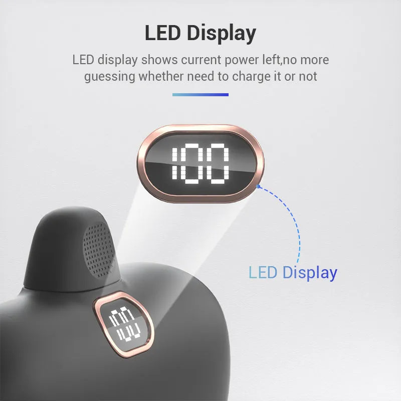 Cylindrical capsule power bank with built-in charging cable in black, white, or purple.
