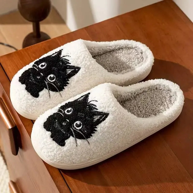 White cotton slippers with black beard cat cartoon pattern and plush upper