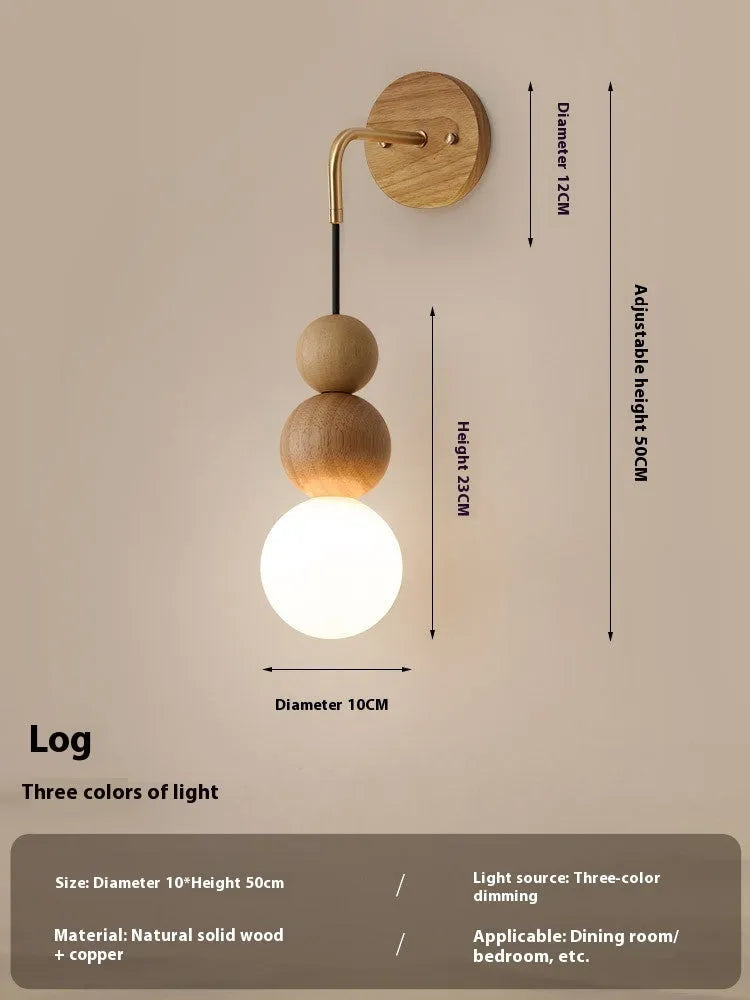 Wood and copper wall lamp with tricolour lighting, 10cm diameter by 50cm height