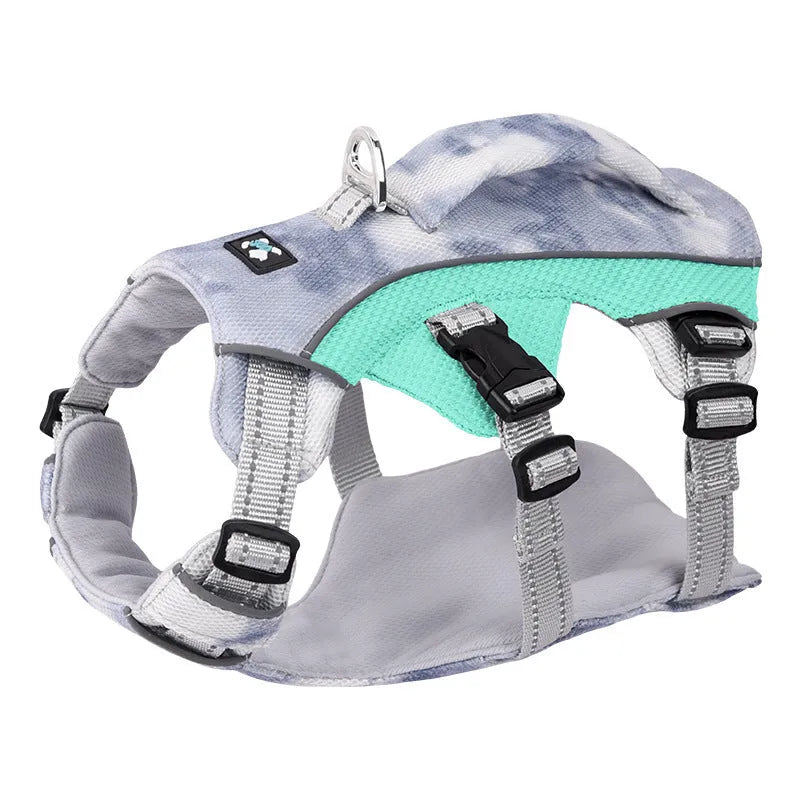 Reflective dog chest strap with cooling feature in light blue, shown on a dog.