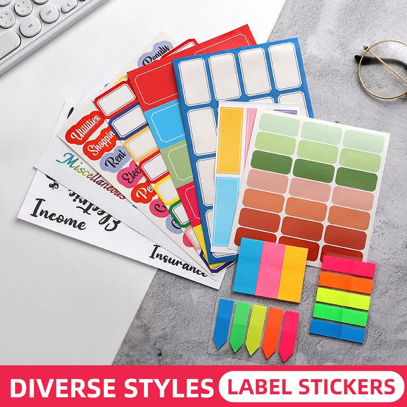 Handwritten label adhesive stickers showing colour grids with A6 rulers and sticky notes