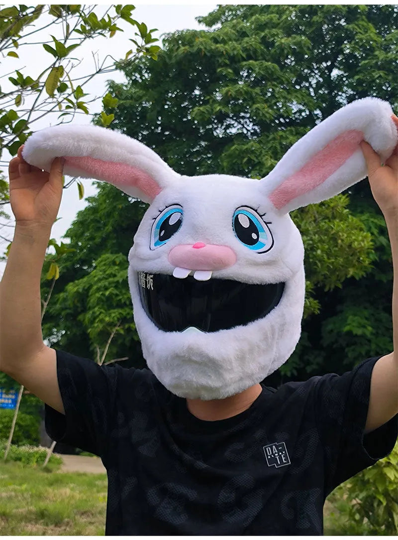 Long Eared Rabbit White plush helmet cover with decorative rabbit head design for electric motorcycles
