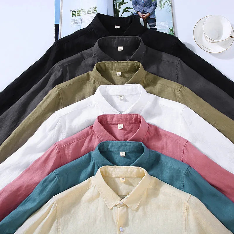 Pure linen men's shirt in cardigan style with long sleeves, shown in solid colour
