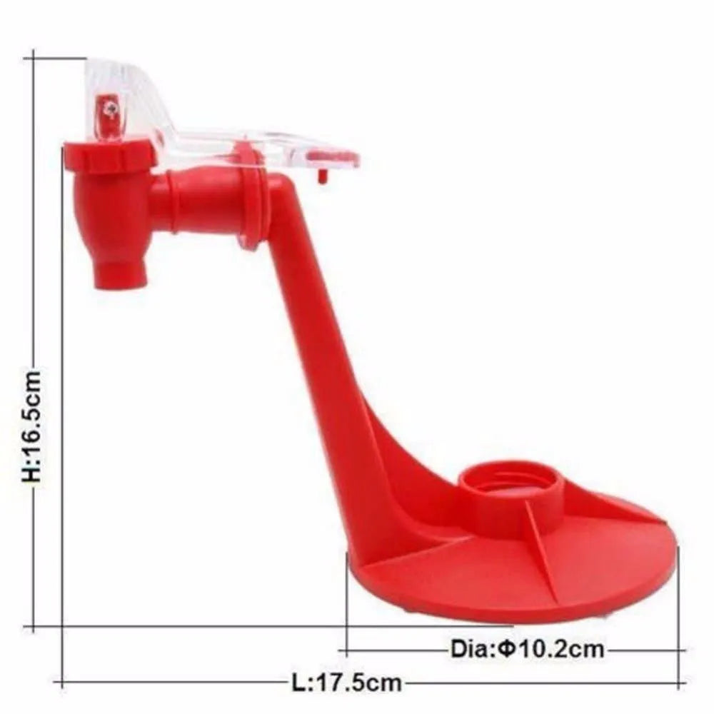 Red Magic Tap soda bottle dispenser with push button, 15cm tall