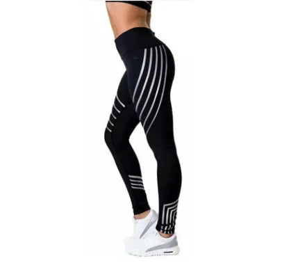 Women's night glowing workout leggings with autumn winter print patterns in black and white options