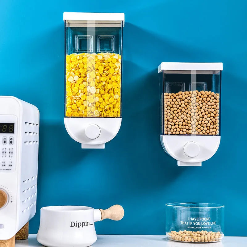 White wall-mounted transparent ABS easy press cereal dispenser with 1500ml capacity on a kitchen counter
