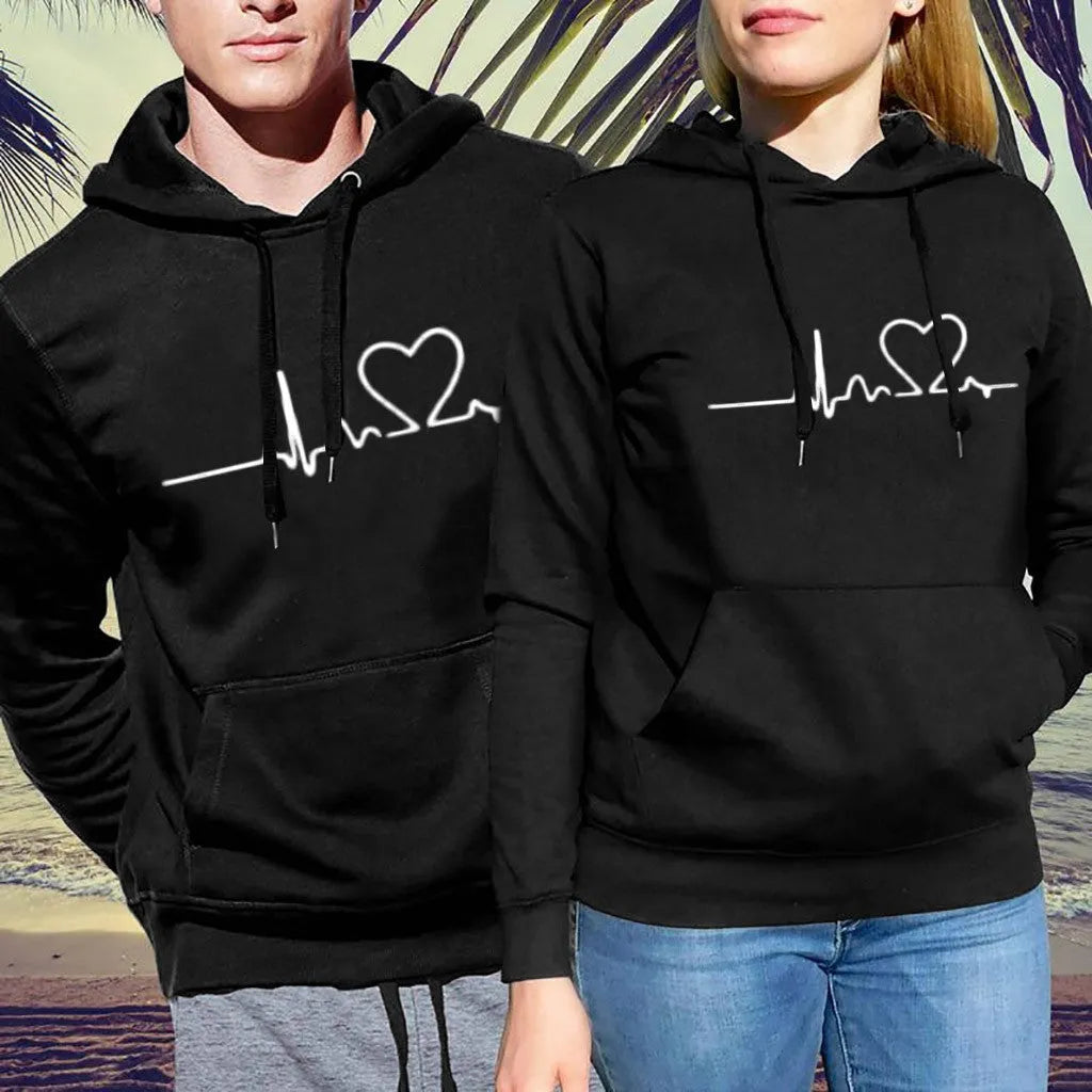 Printed hooded couple's sweater in polyester fibre with loose fit and long sleeves, available in multiple colours