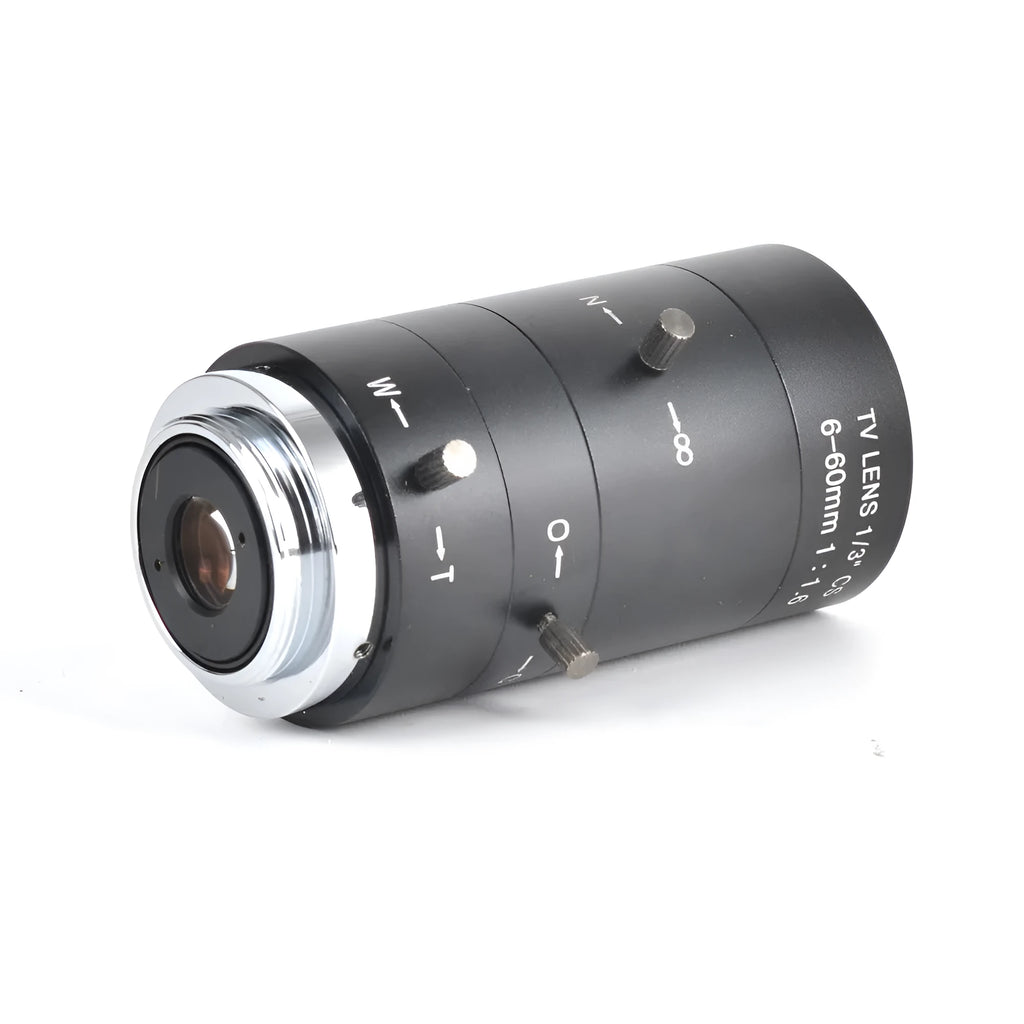 Black manual aperture camera lens with 6-60mm focal length for CS mount cameras