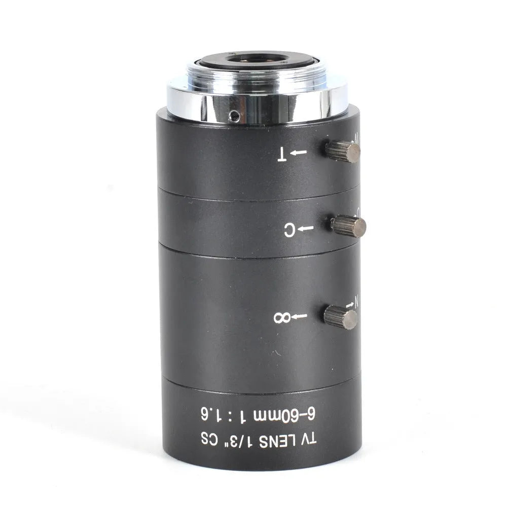 Black manual aperture camera lens with 6-60mm focal length for CS mount cameras