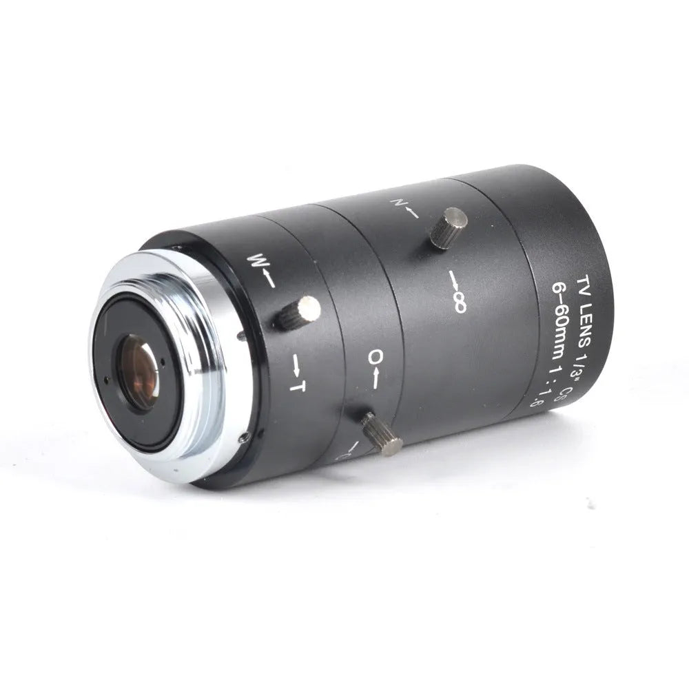 Black manual aperture camera lens with 6-60mm focal length for CS mount cameras