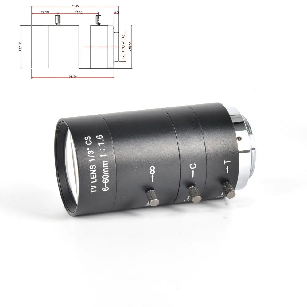 Black manual aperture camera lens with 6-60mm focal length for CS mount cameras