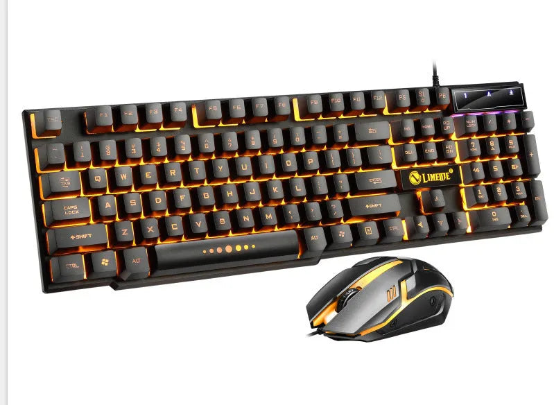 Limei Gtx300 mechanical gaming keyboard and mouse set with backlit 104-key keyboard on desktop