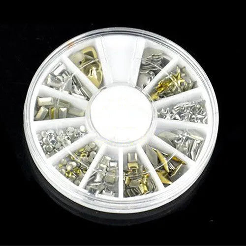 DIY nail art stickers in gold and silver on a white background, acrylic nail decoration set